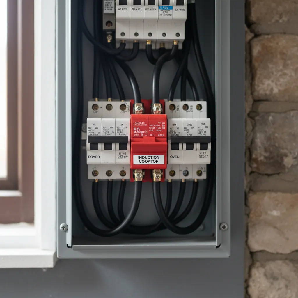 Residential electrical panel showing a new 50-amp double-pole breaker labeled for the induction cooktop circuit