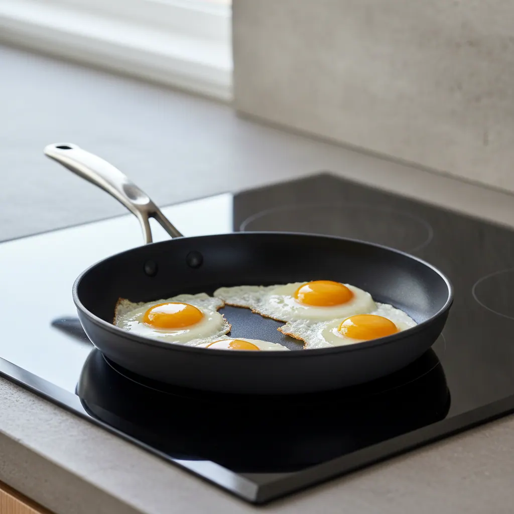All-Clad HA1 hard anodized nonstick skillet with eggs sliding on an induction cooktop surface