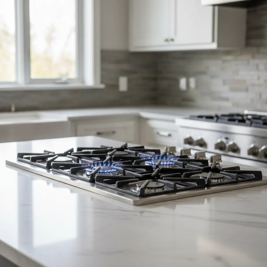 30-inch pro-style gas cooktop with four burners lit on a white marble kitchen island