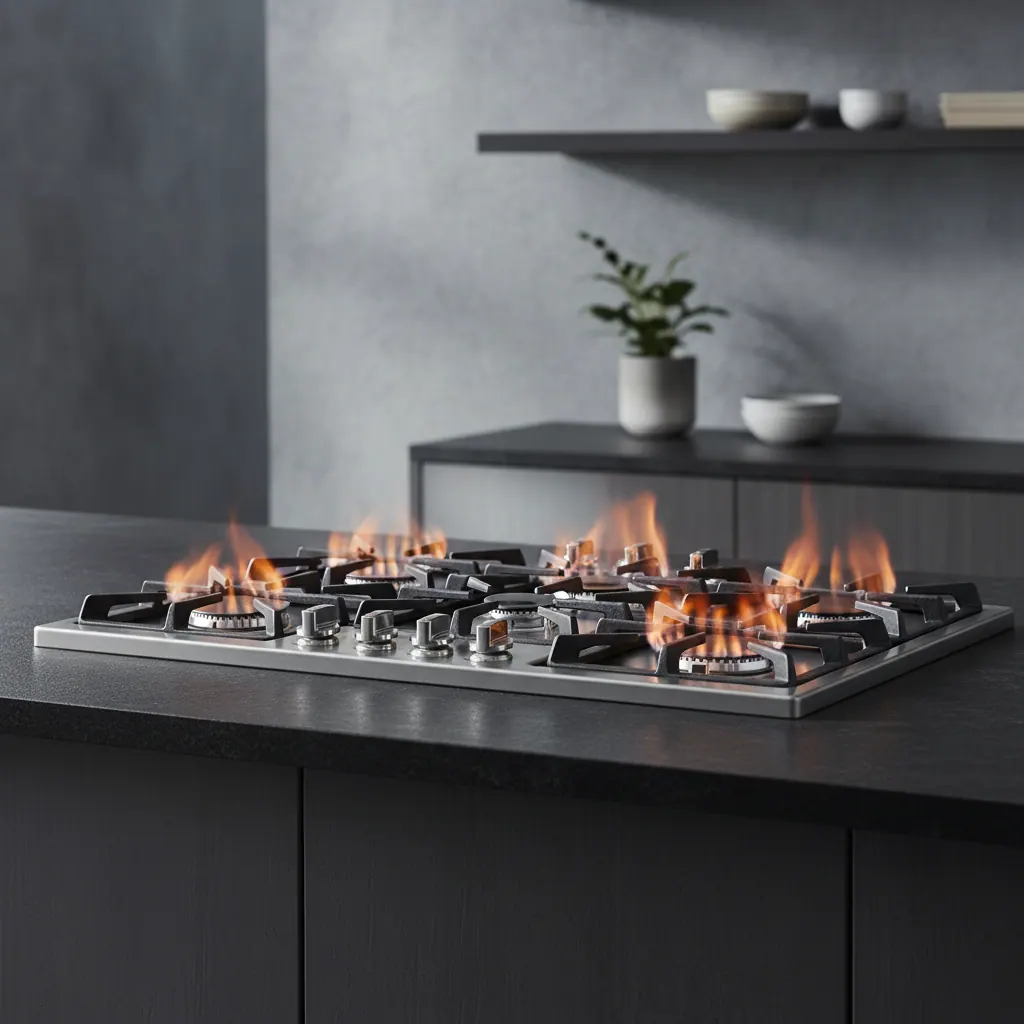 36-inch six-burner pro-style gas cooktop with all burners lit on a dark granite kitchen island