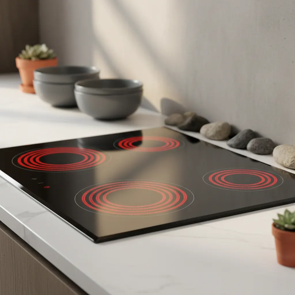 Sleek black ceramic glass cooktop with glowing red radiant elements on a white quartz kitchen counter