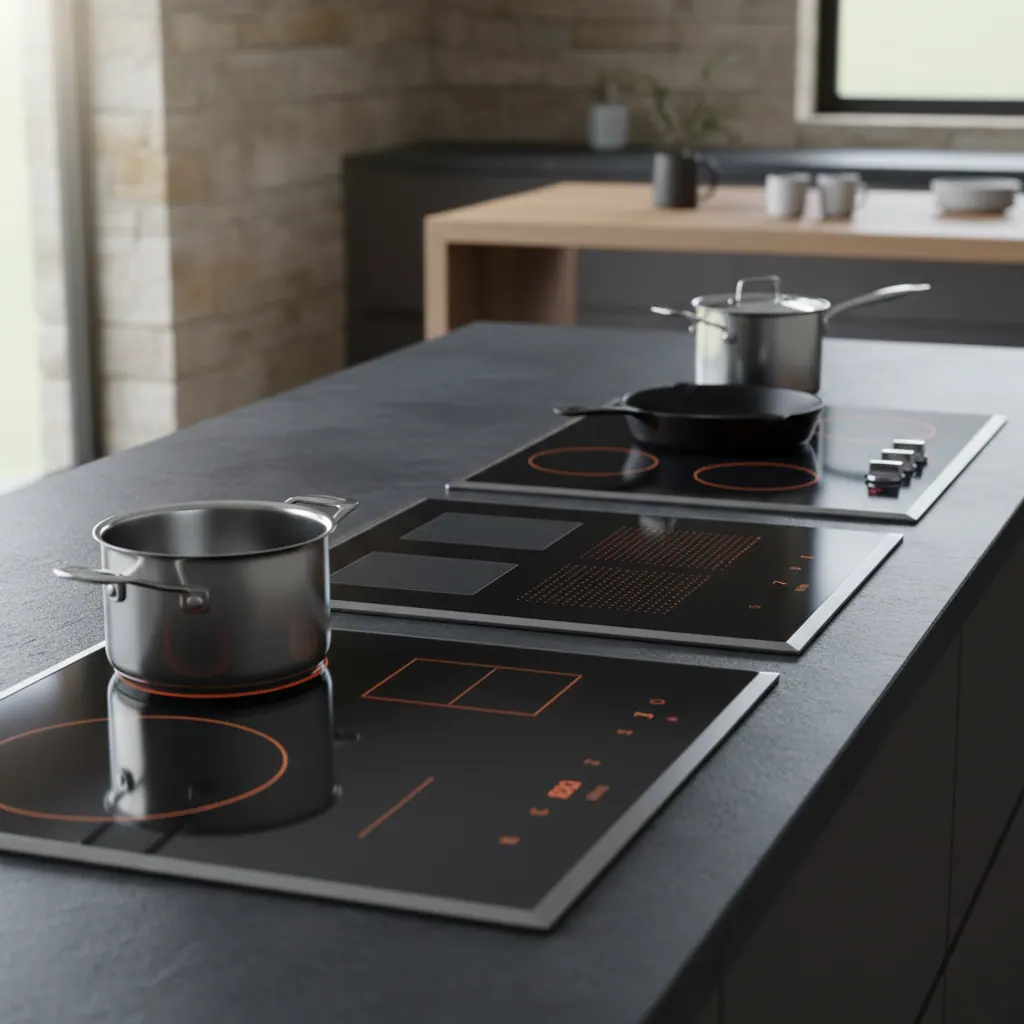 Four premium induction cooktops lined up for comparison testing on a dark counter