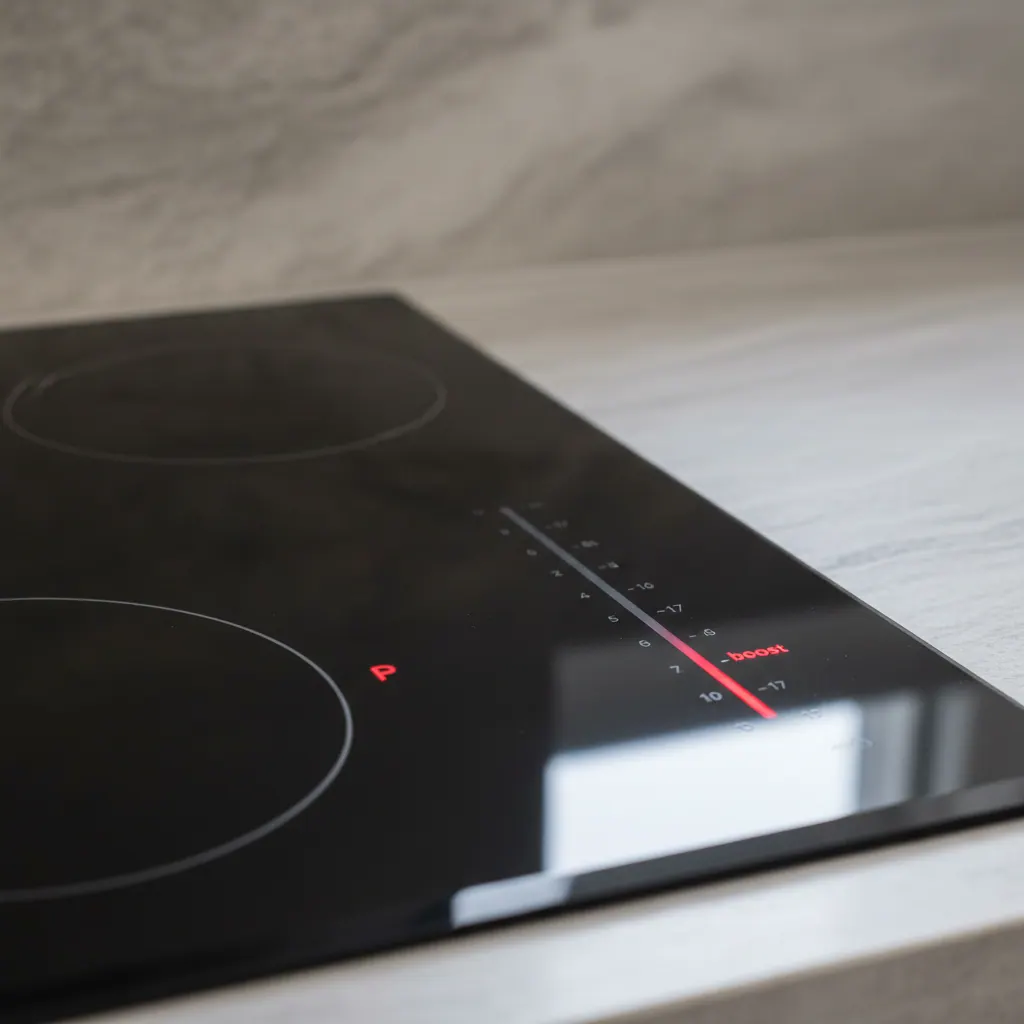 Close-up of the Bosch 800 Series induction cooktop 17-point touch slider control with a zone set to boost power