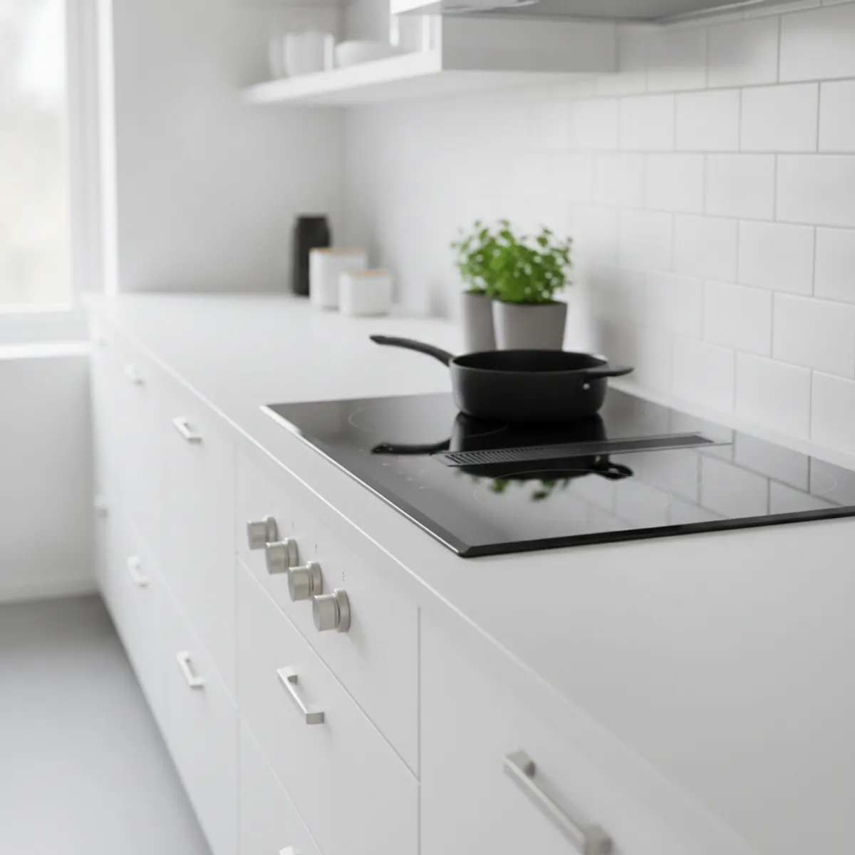 Bosch Benchmark induction cooktop installed in a modern white kitchen