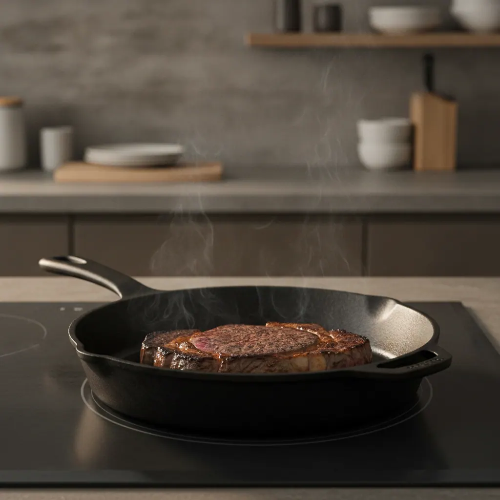 Cast iron skillet searing a steak on a flat-glass induction cooktop with visible heat shimmer