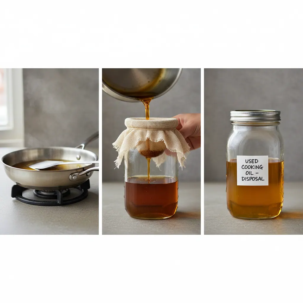 Step-by-step photo sequence showing cooking oil being cooled in pan, strained through cheesecloth into mason jar, and labeled for disposal
