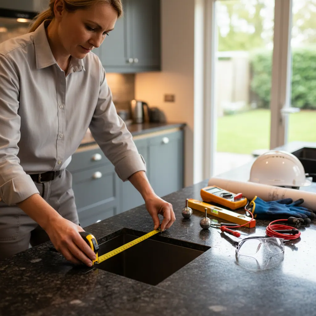 Licensed electrician measuring the cutout of a granite countertop for a new induction cooktop, tools laid out beside