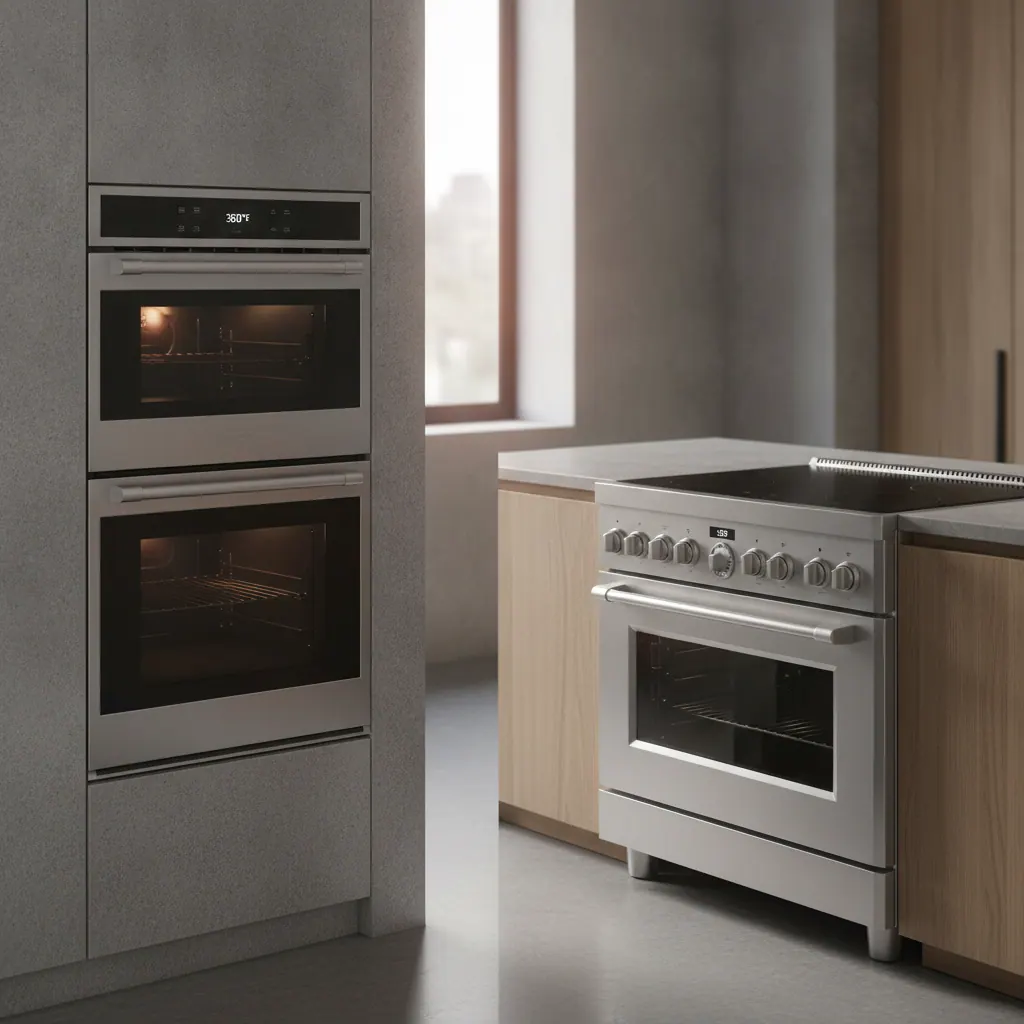 Side-by-side comparison of a built-in cooktop with separate wall oven and an all-in-one freestanding range in a modern kitchen