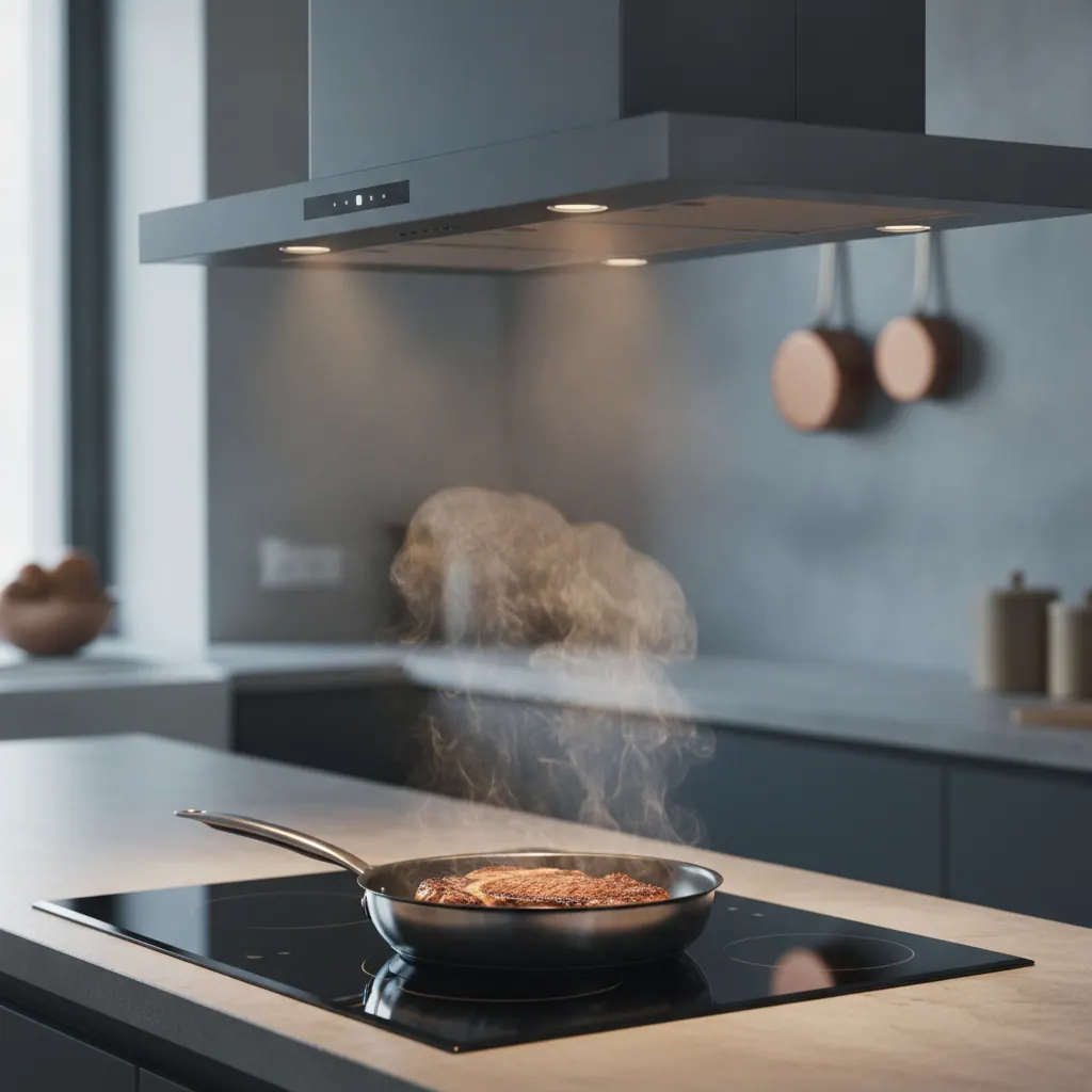 Slim wall-mounted range hood above an induction cooktop searing a steak in a stainless pan with visible smoke
