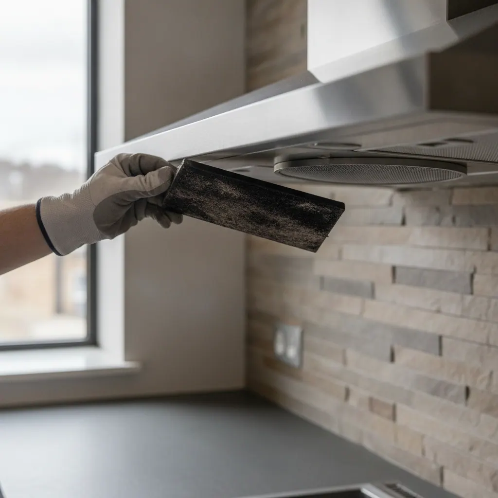 Charcoal filter cartridge being removed from the underside of a recirculating range hood
