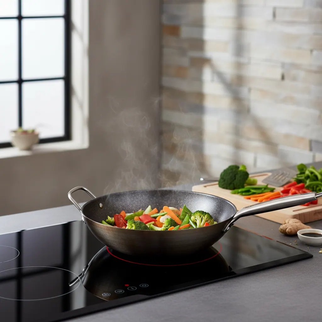 Flat-bottom carbon steel wok seasoned and heating on a flat-glass induction cooktop with vegetables ready for stir-fry