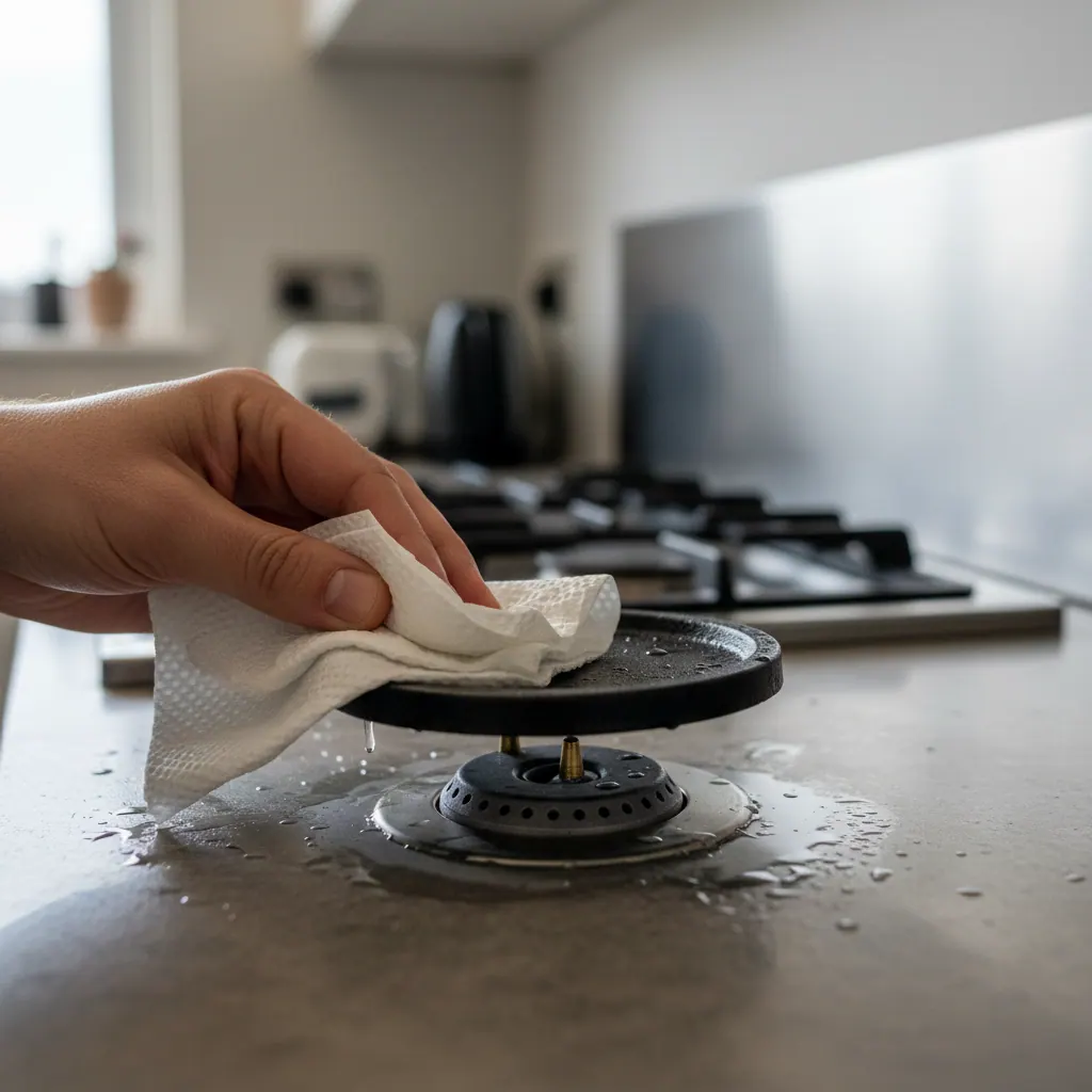 Gas cooktop burner cap being wiped dry with a paper towel to clear moisture from the igniter spark path