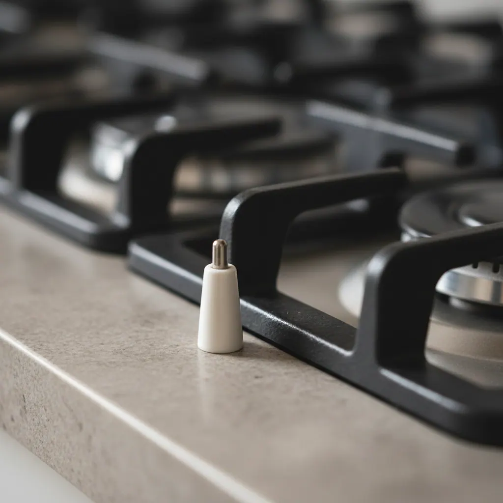 Close-up of a ceramic igniter electrode next to a gas cooktop burner showing the tip where the spark fires