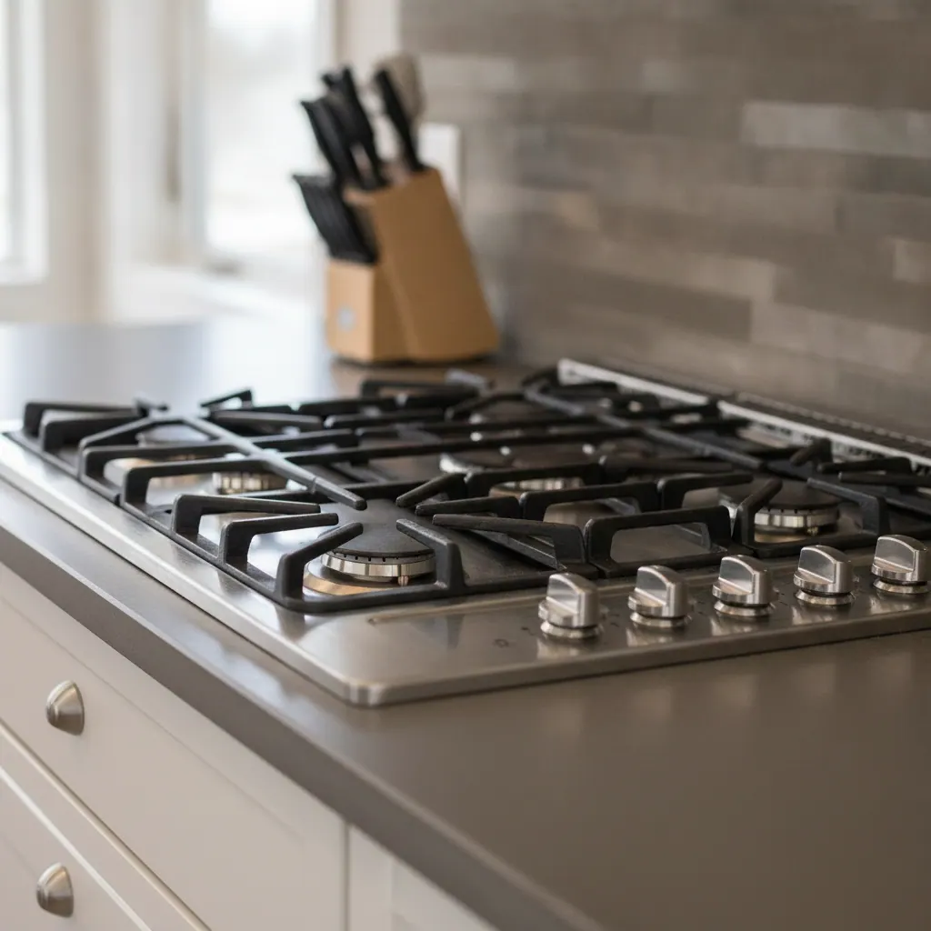 GE Profile gas cooktop with five sealed burners and continuous cast-iron grates