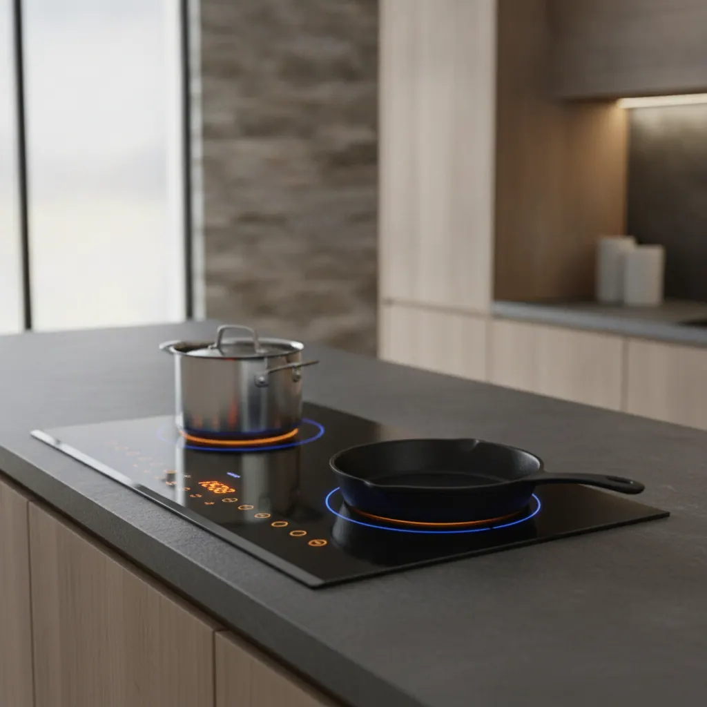 GE Profile induction cooktop installed in a modern kitchen island with touch controls glowing