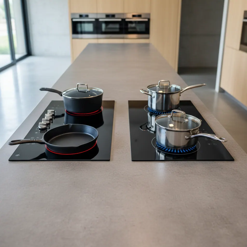 GE Profile PHP9036DTBB and Samsung NZ36K7880UG 36-inch induction cooktops mounted side by side in a test kitchen island for direct comparison