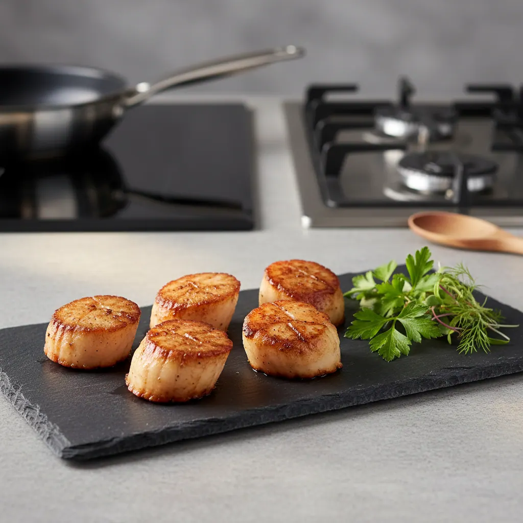 Six pan-seared sea scallops with deep golden brown crust arranged on a slate plate with a small herb garnish