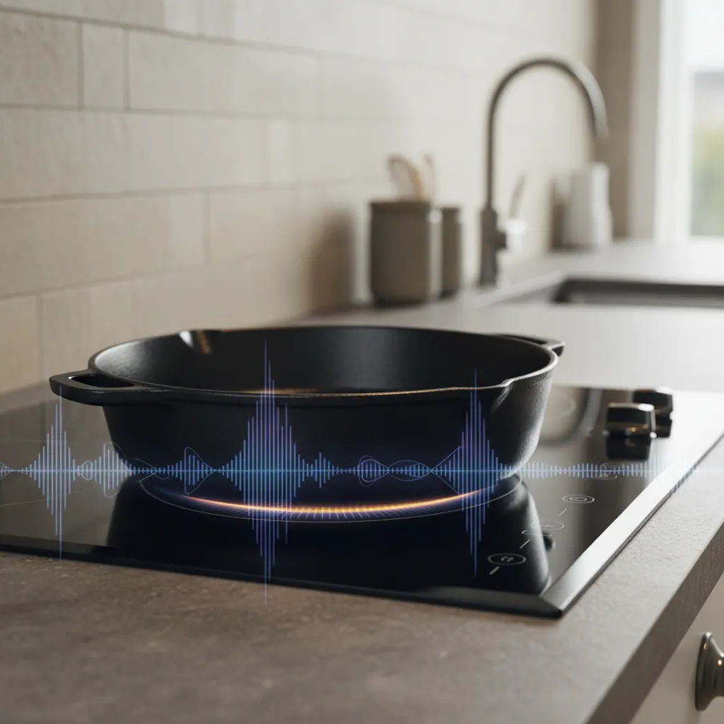 Close-up of a cast iron pan on an induction cooktop with sound wave overlay illustrating typical operating noise