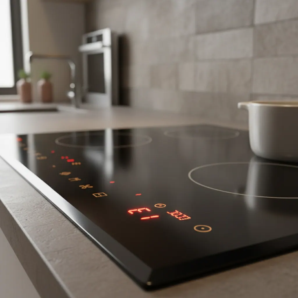 Induction cooktop touch panel displaying an E1 error code with flashing display in a kitchen