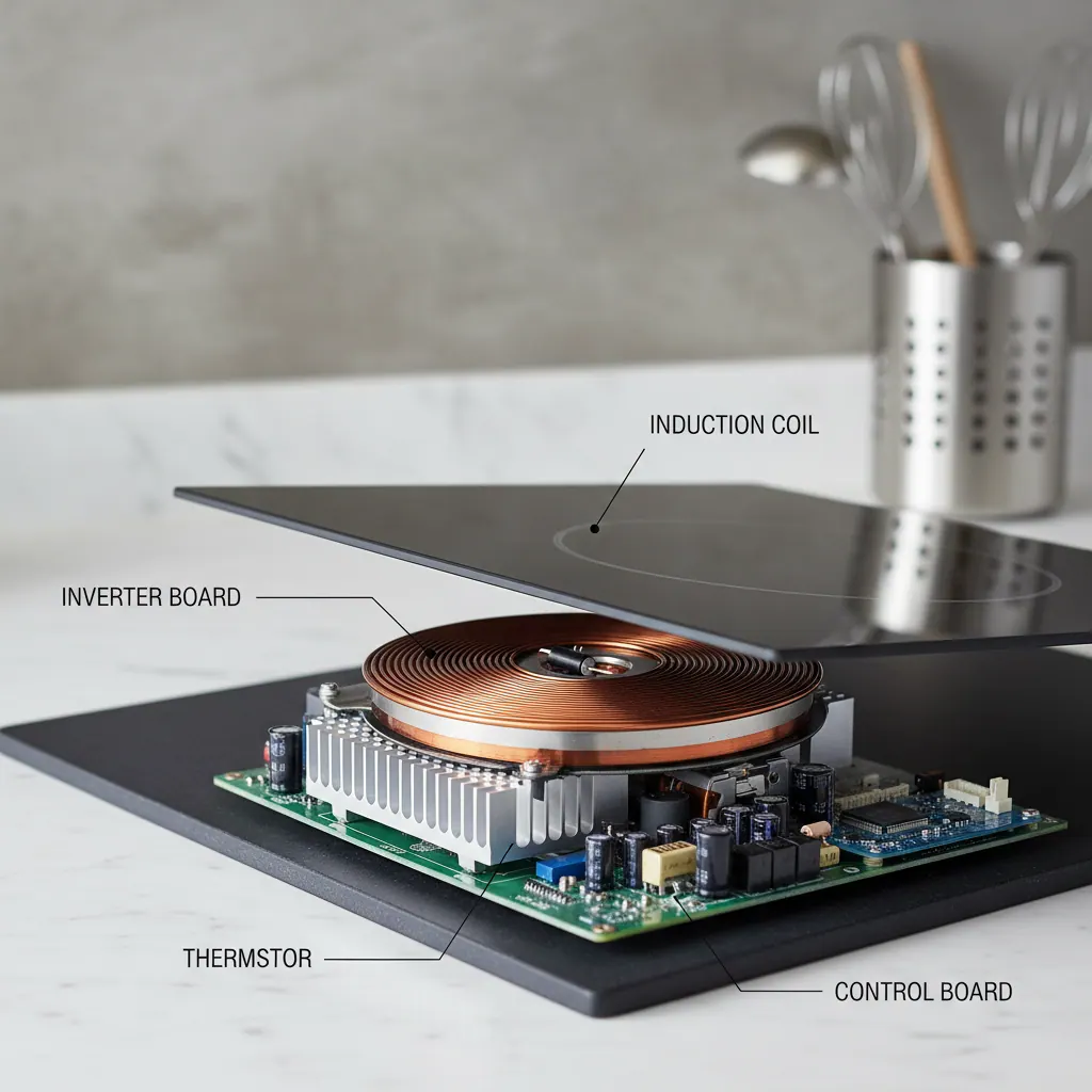Induction cooktop internal diagram showing inverter, coil, thermistor and control board components