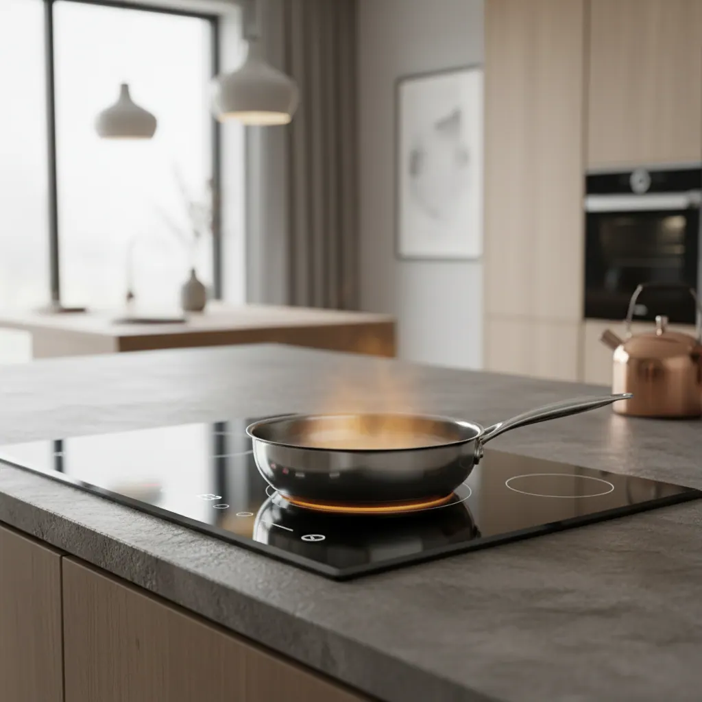 Diagnostic view of an induction cooktop showing a pan that fails to heat with control panel error display