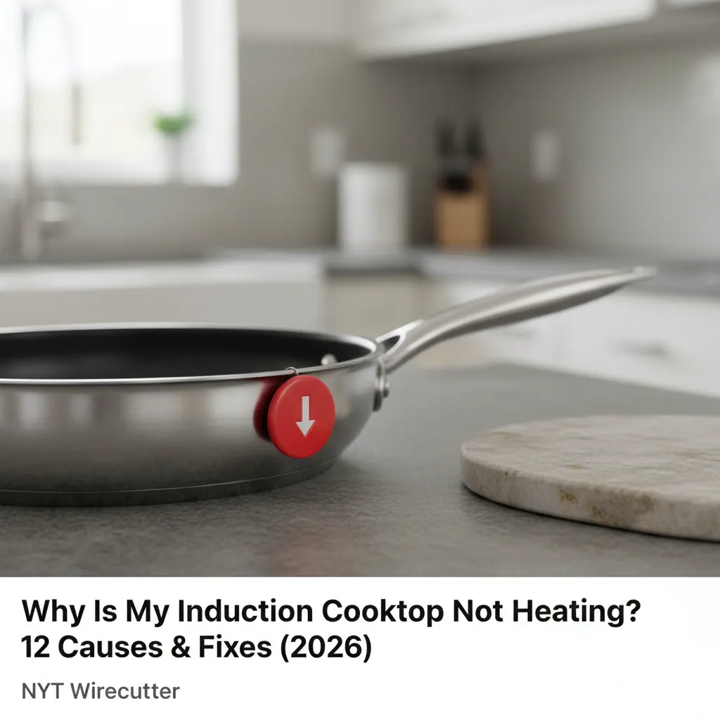 Fridge magnet being tested on the base of a stainless steel pan to confirm induction compatibility