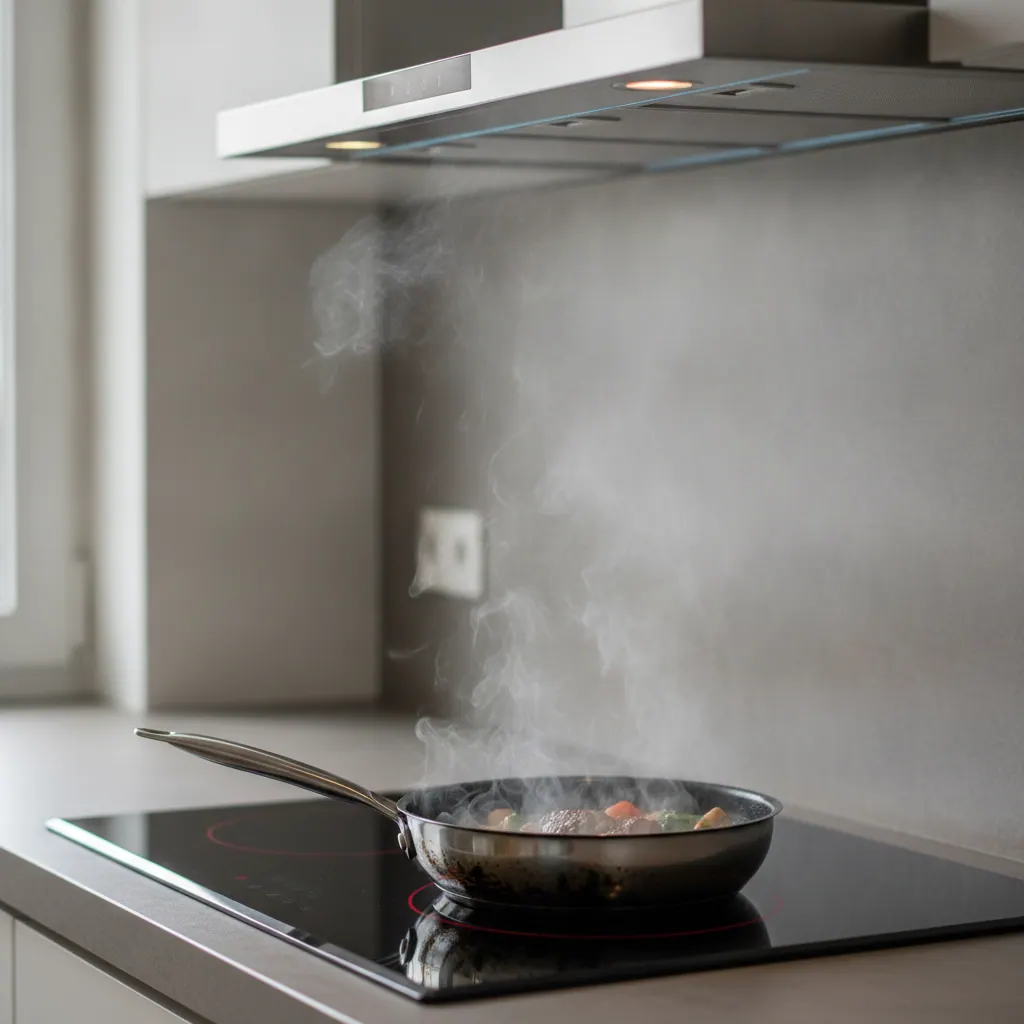 Fine smoke rising from a stainless pan searing at high heat on an induction cooktop beneath a slim hood