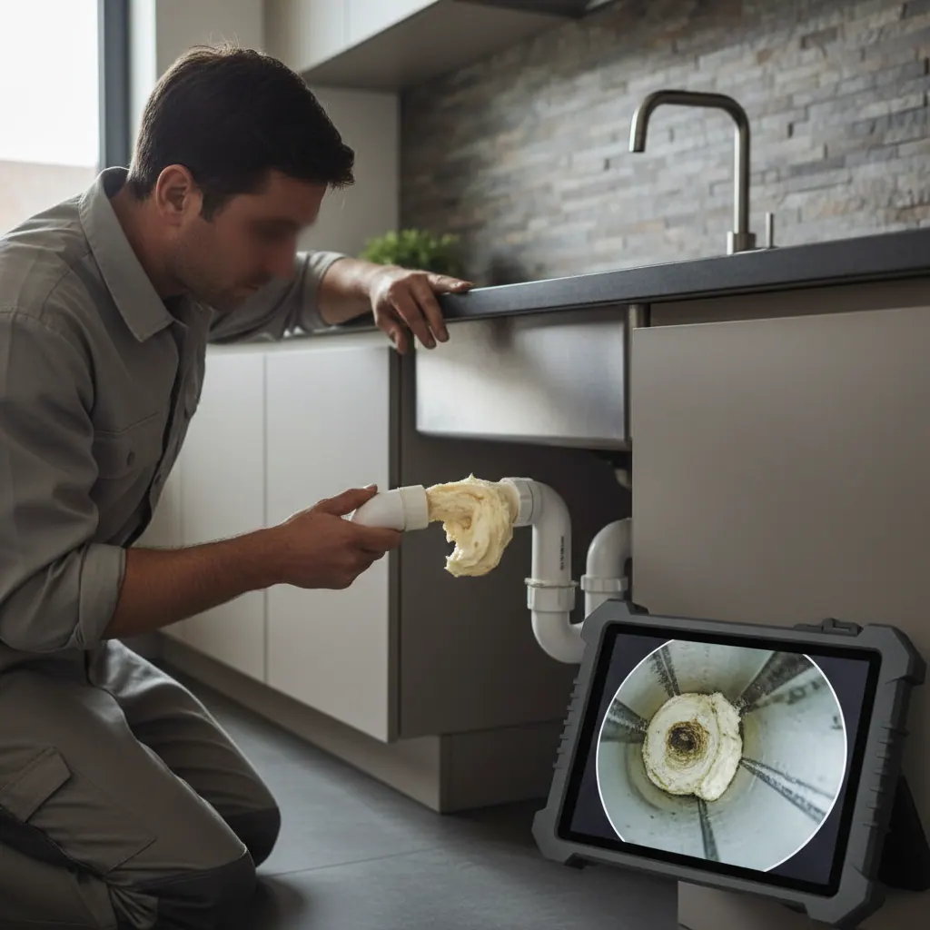 Plumber inspecting kitchen sink P-trap with grease blockage shown by pipe camera image on side