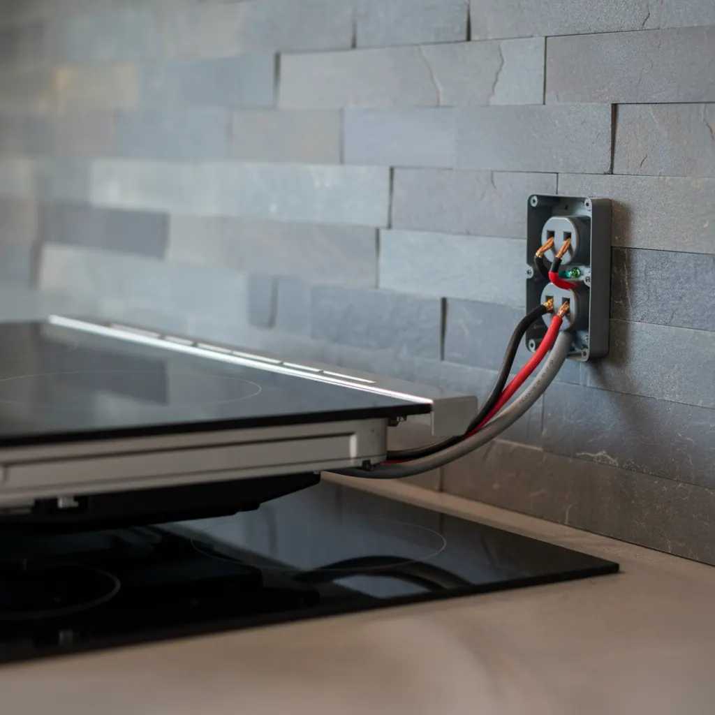 NEMA 6-50 receptacle installed behind an induction cooktop with proper wire gauge and grounding conductor visible