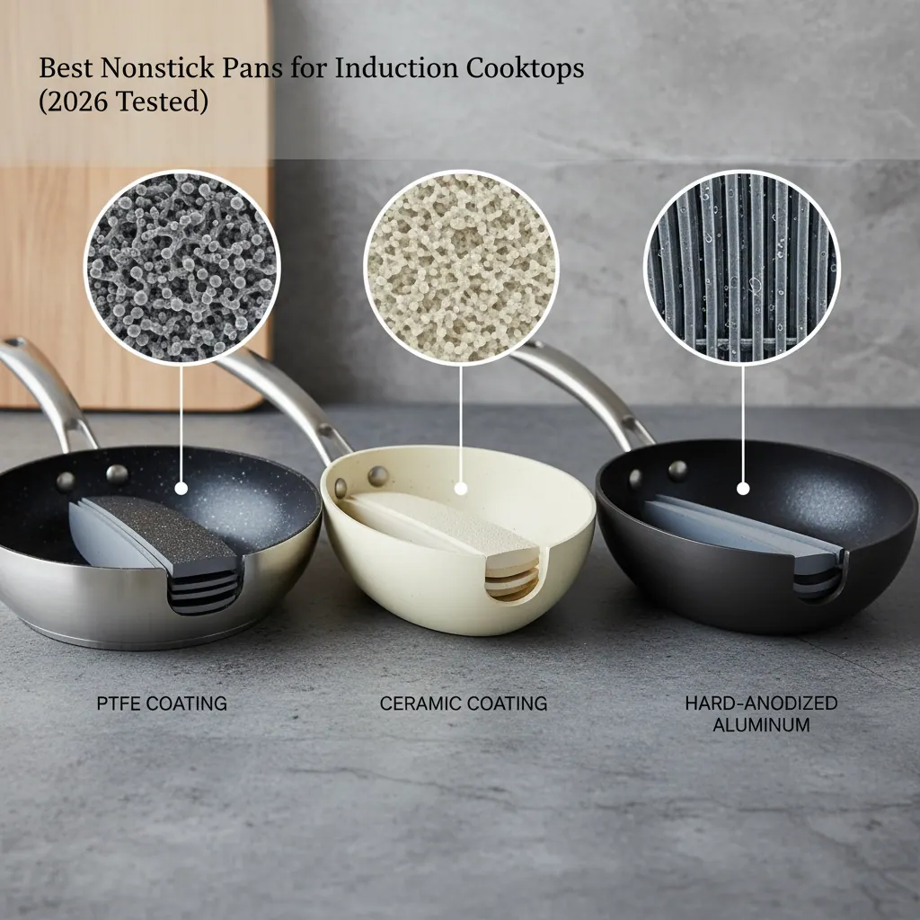 Cross-section comparison of PTFE, ceramic and hard-anodized nonstick coating structures on induction-compatible pans
