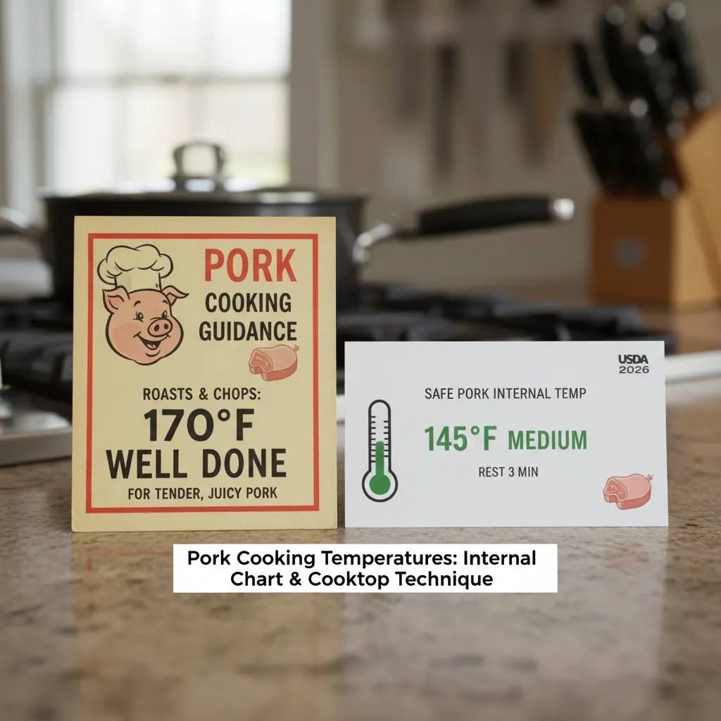 Vintage 1950s pork cooking guidance card showing 170 degrees compared to modern 2026 USDA card showing 145 degrees side by side