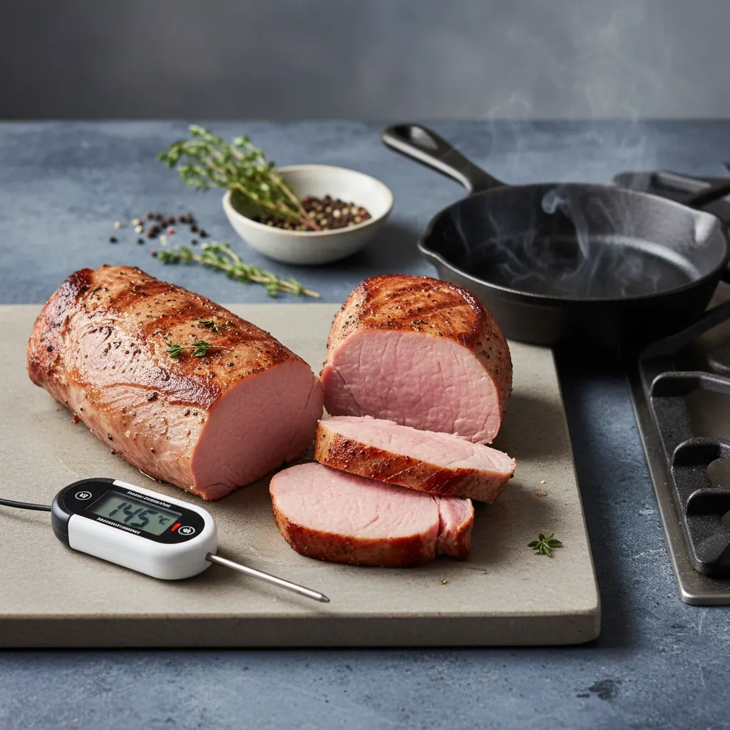 Whole pork tenderloin on a cutting board next to seared and sliced cooked tenderloin showing pink center medium doneness