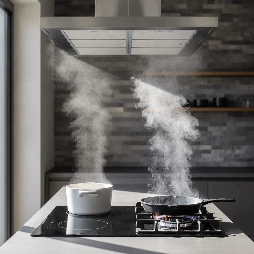 Comparison of the rising thermal plume above an induction cooktop versus a gas burner under a stainless range hood