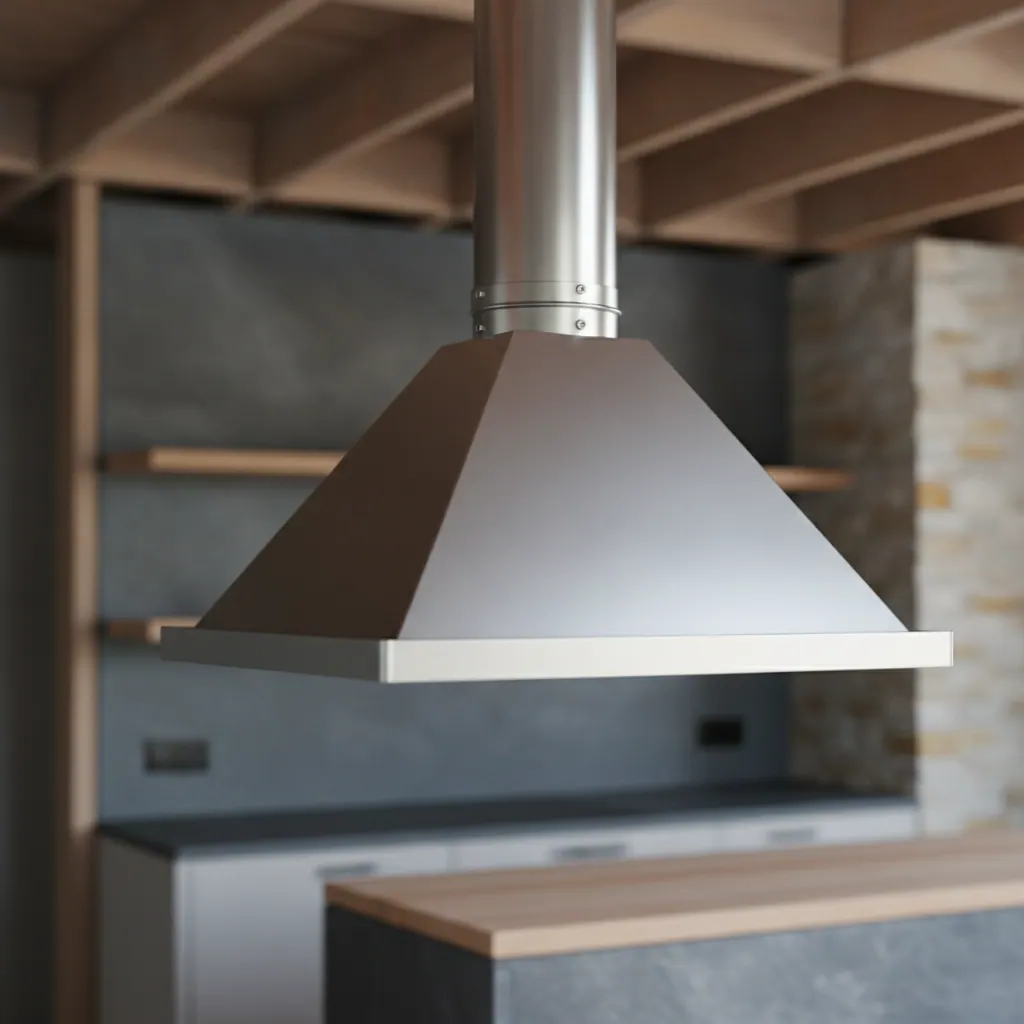 Rigid galvanized round duct connected to the top of a range hood in an open ceiling during kitchen installation