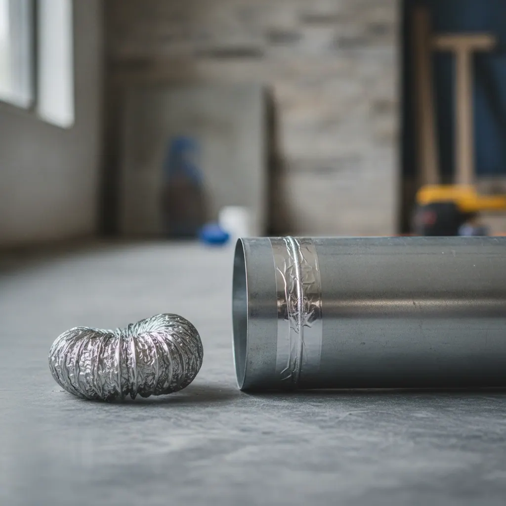 Rigid galvanized duct joint sealed with foil tape beside a discarded length of corrugated flexible duct