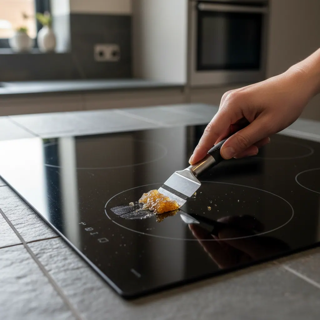 Single-edge razor blade scraper held at a thirty-degree angle shaving burnt sugar off an induction cooktop glass without scratching