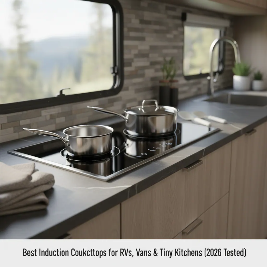 Built-in two-burner induction cooktop installed in an RV galley countertop replacing a propane unit