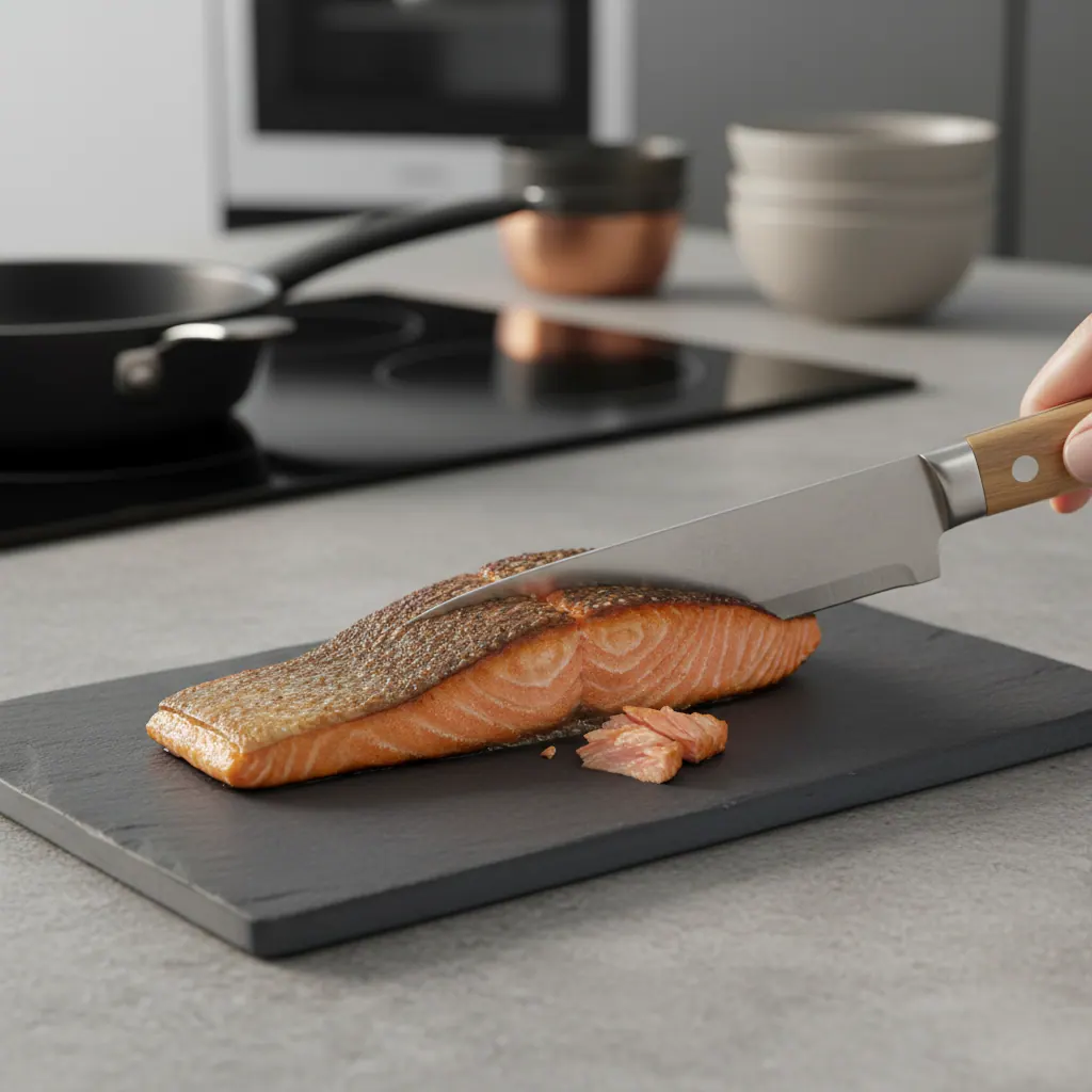 Pan-seared salmon fillet with crispy golden skin being cut to show pink medium center on a slate plate
