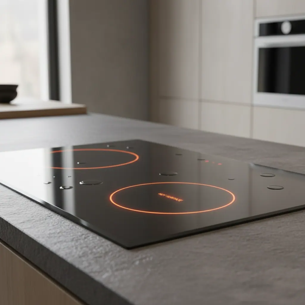 Schott Ceran glass ceramic surface close-up showing smooth finish and residual heat indicator glowing orange under element