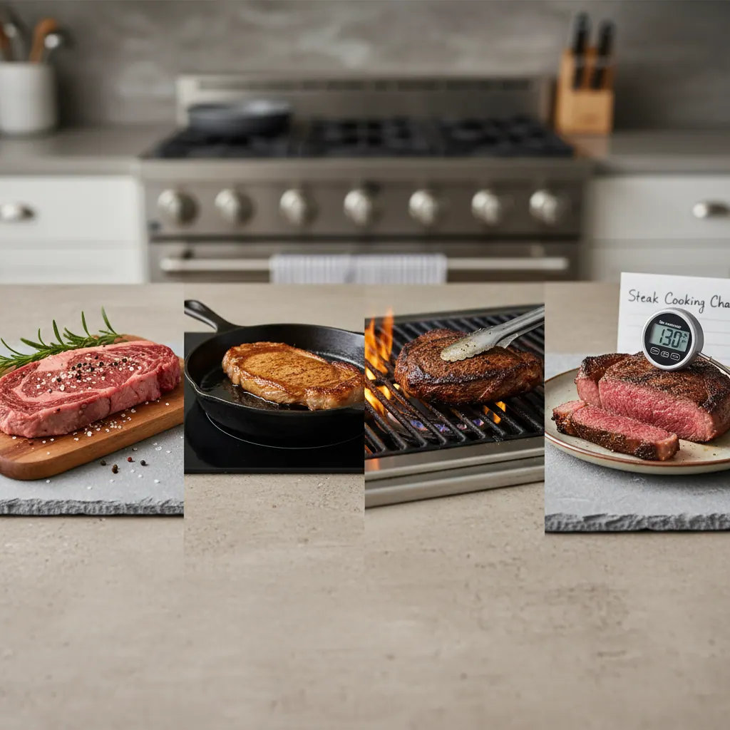 Sequence of steak cooking steps from raw seasoned steak to seared perfect medium-rare with internal thermometer reading 130F