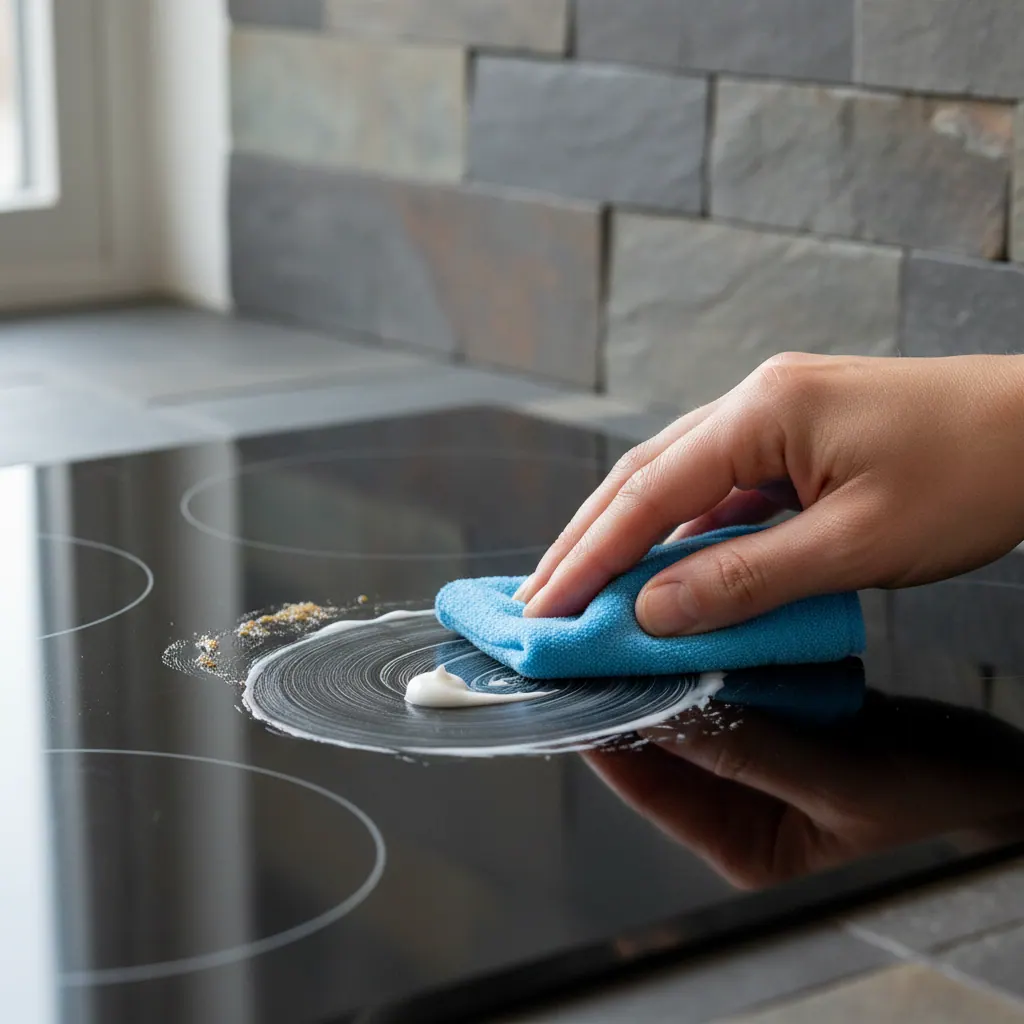 Applying a dime-sized amount of ceramic cooktop cleaning cream to an induction glass surface with a microfiber pad