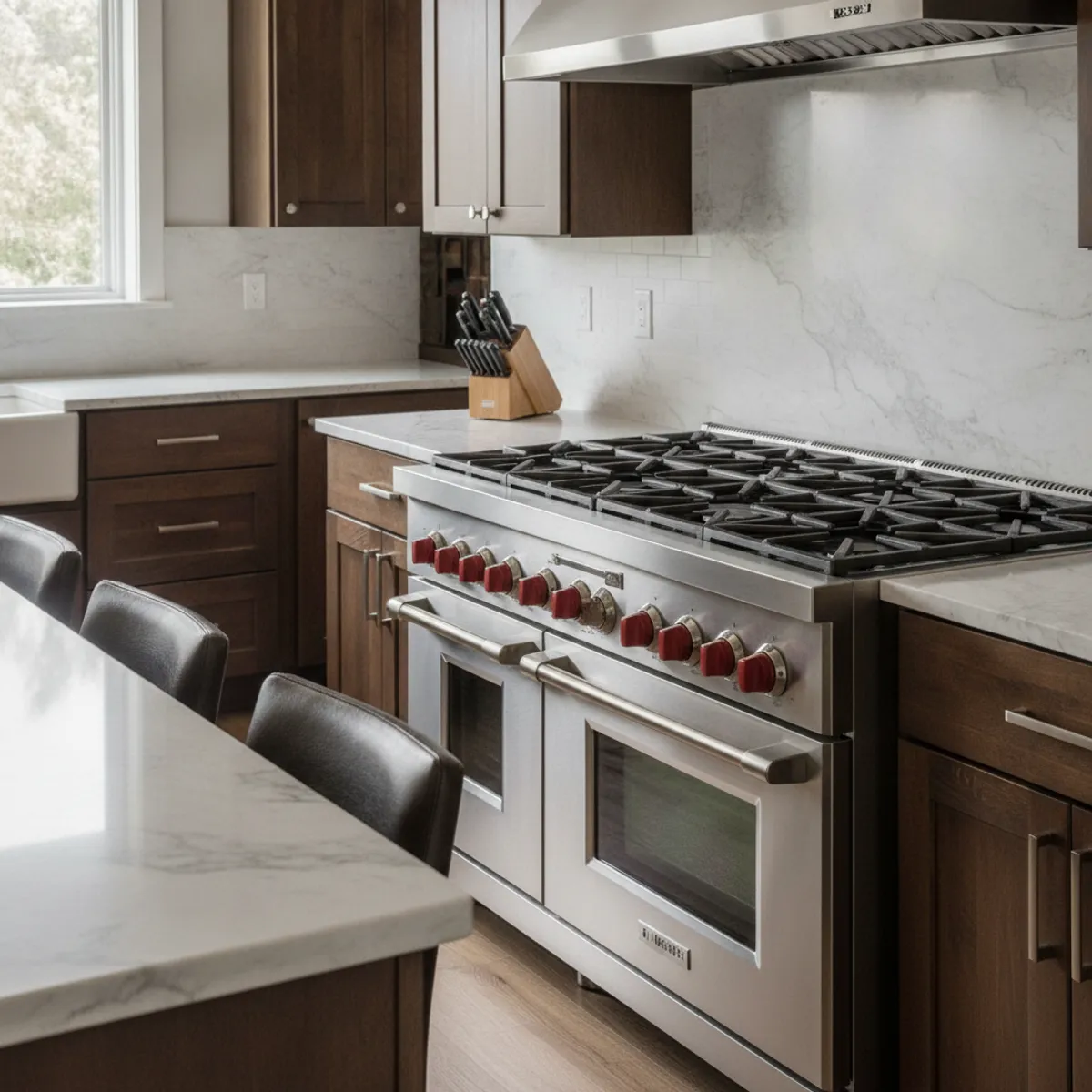 Wolf gas cooktop with signature red knobs in a professional-style kitchen
