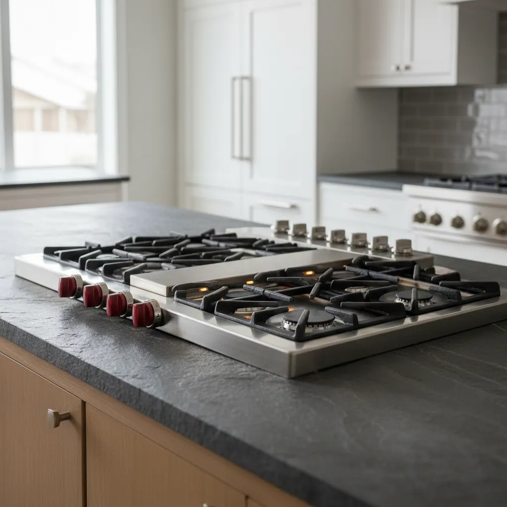Wolf and Thermador pro-style gas cooktops side by side on a dark stone countertop